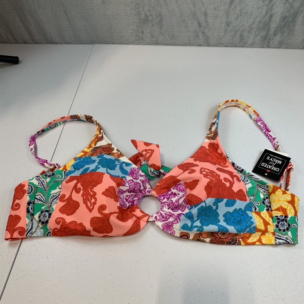 Bar III Women's Swim Bikini Top M Patchwork Floral Tie Back O‎ Ring Boho Beach